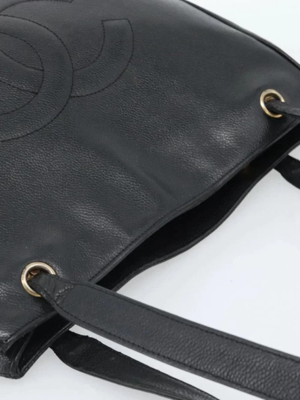 CHANEL COCO Mark Tote Bag Grained Calf Skin Black Gold CC Auth bs20388